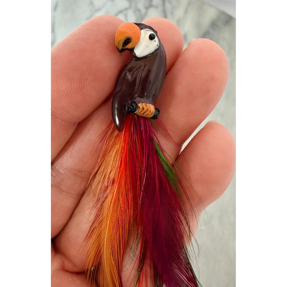 Vintage Enamel Mexican Feather Bird Brooch - Hand Painted Mid Century Parrot Pin